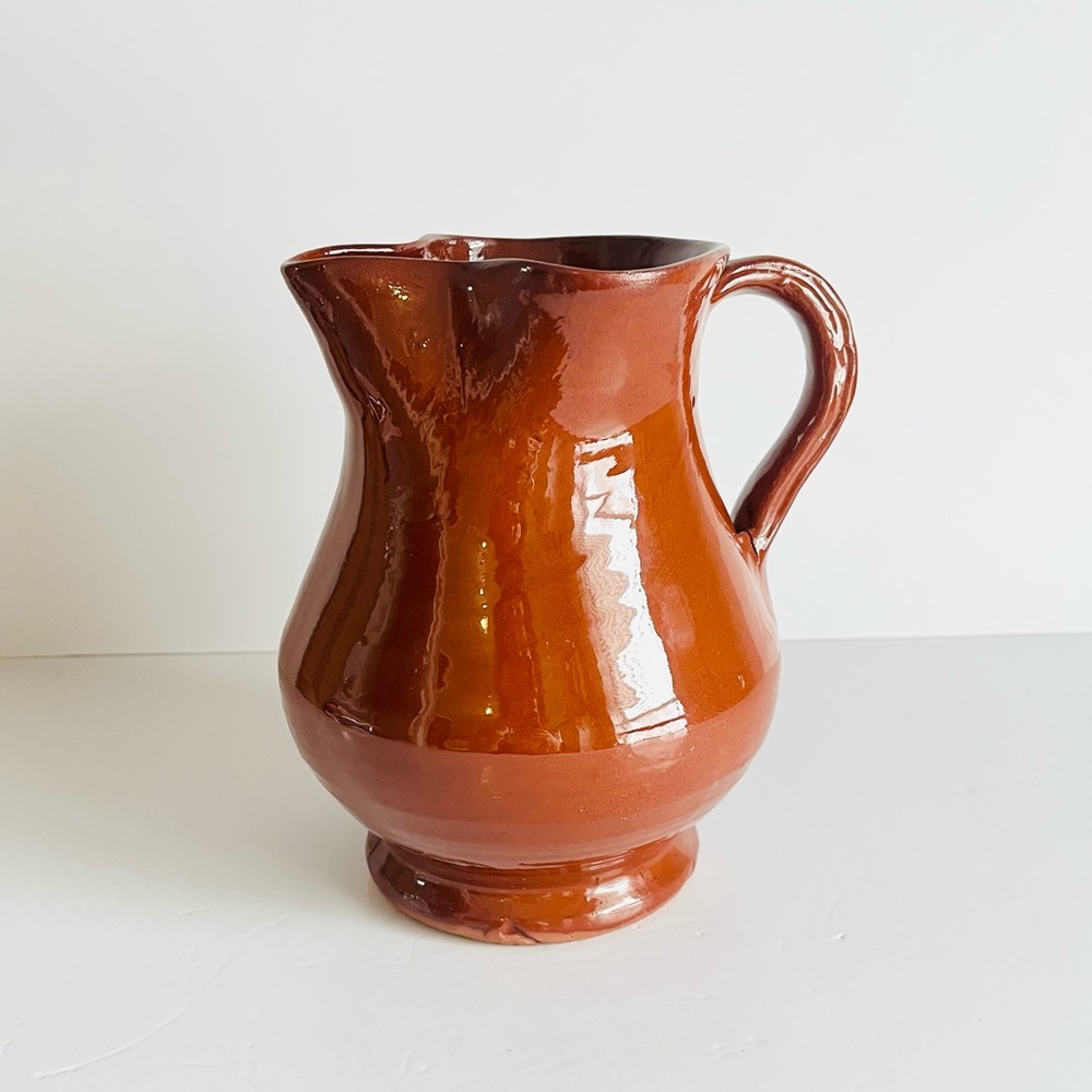 Vintage Glazed Terracotta Pitcher Rustic Farmhouse Pottery Vase 8.5”